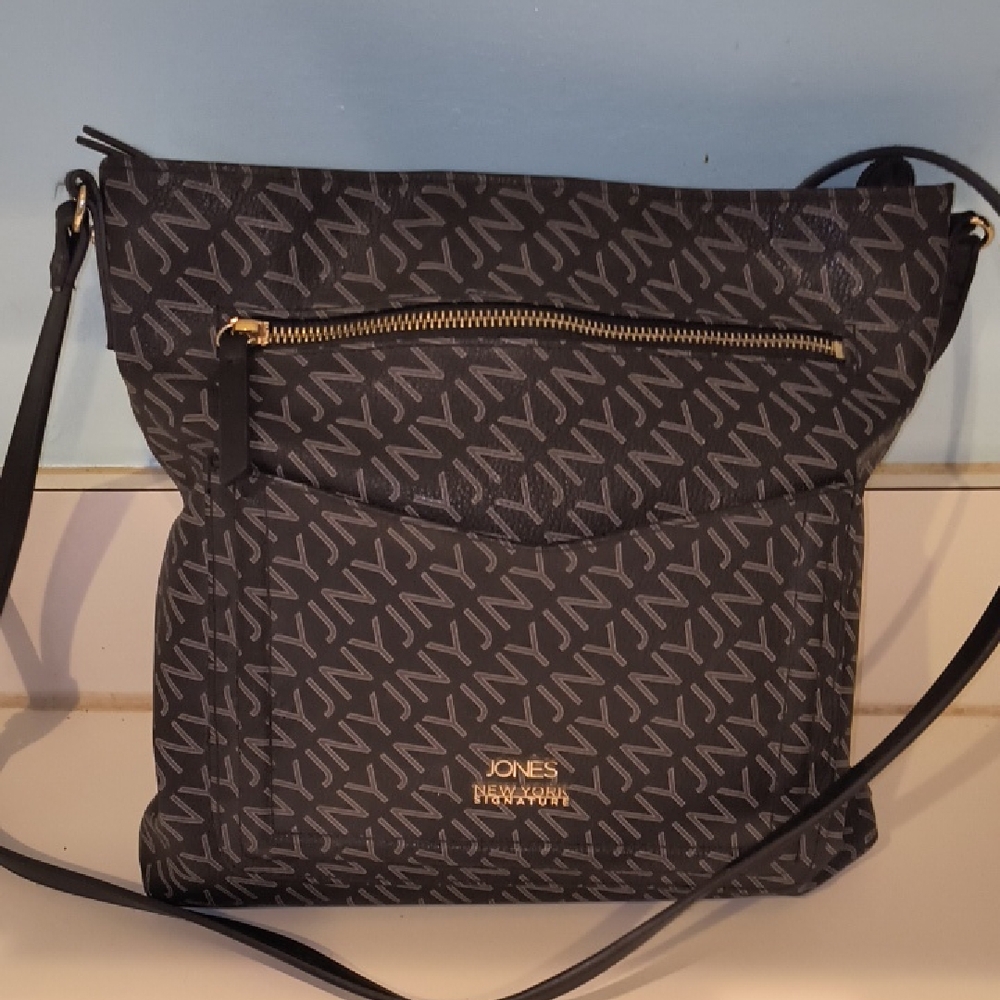 Jones New York Black/Gray JNY Monogram Print Crossbody Bag